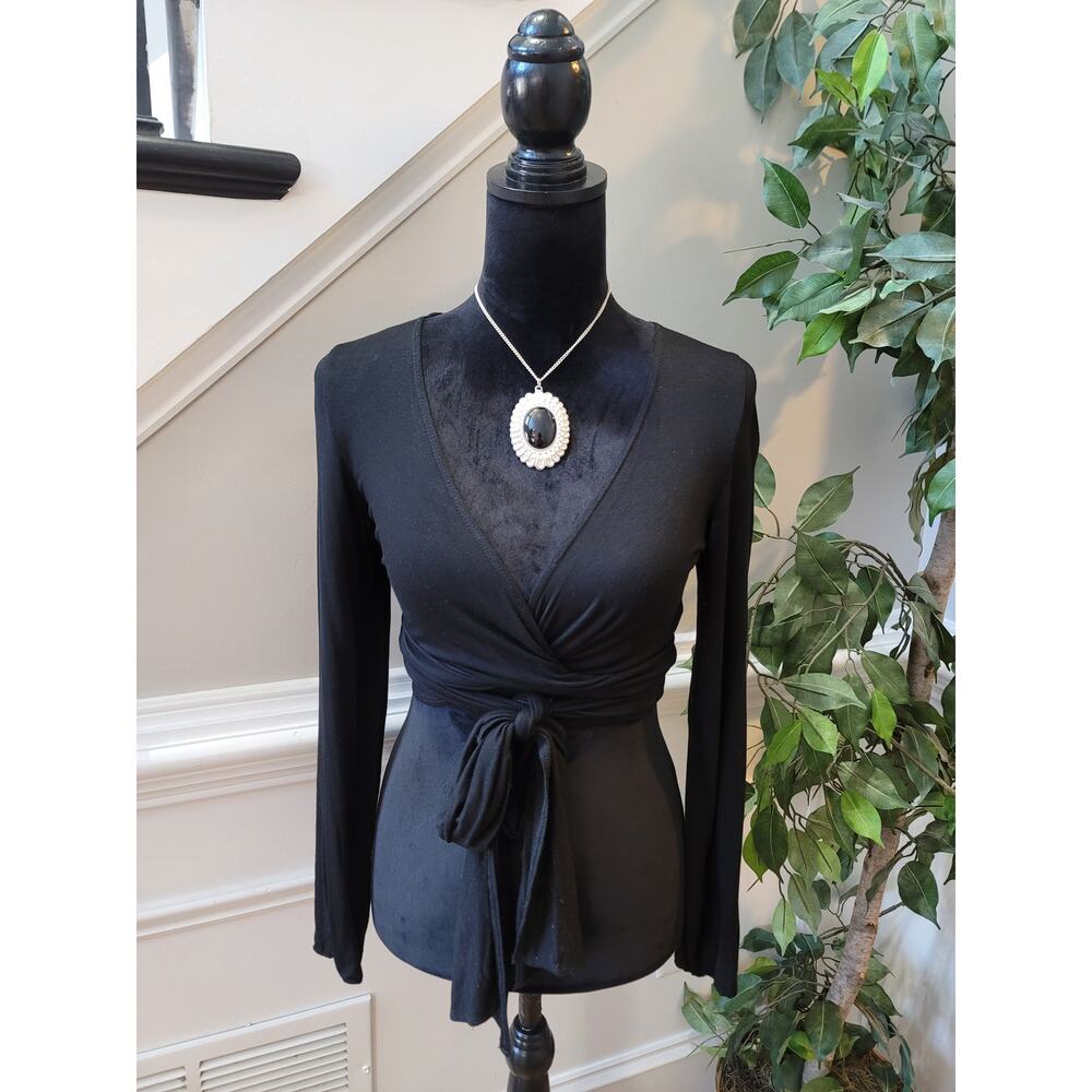 Shein Stretch Top Shirt Women's Size Small Black Wrap Tie V-Neck Long Sleeve